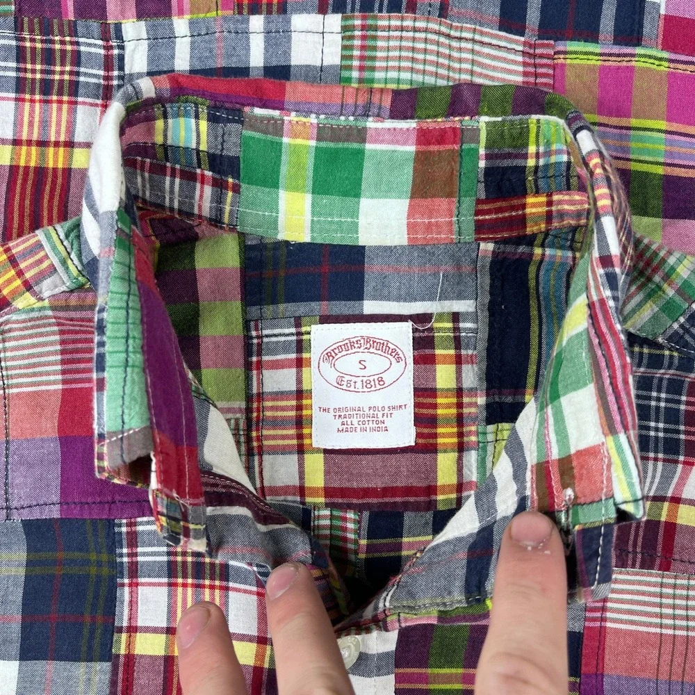 Brooks Brothers Mens S Patchwork Madras Plaid Short Sleeve Shirt Traditional